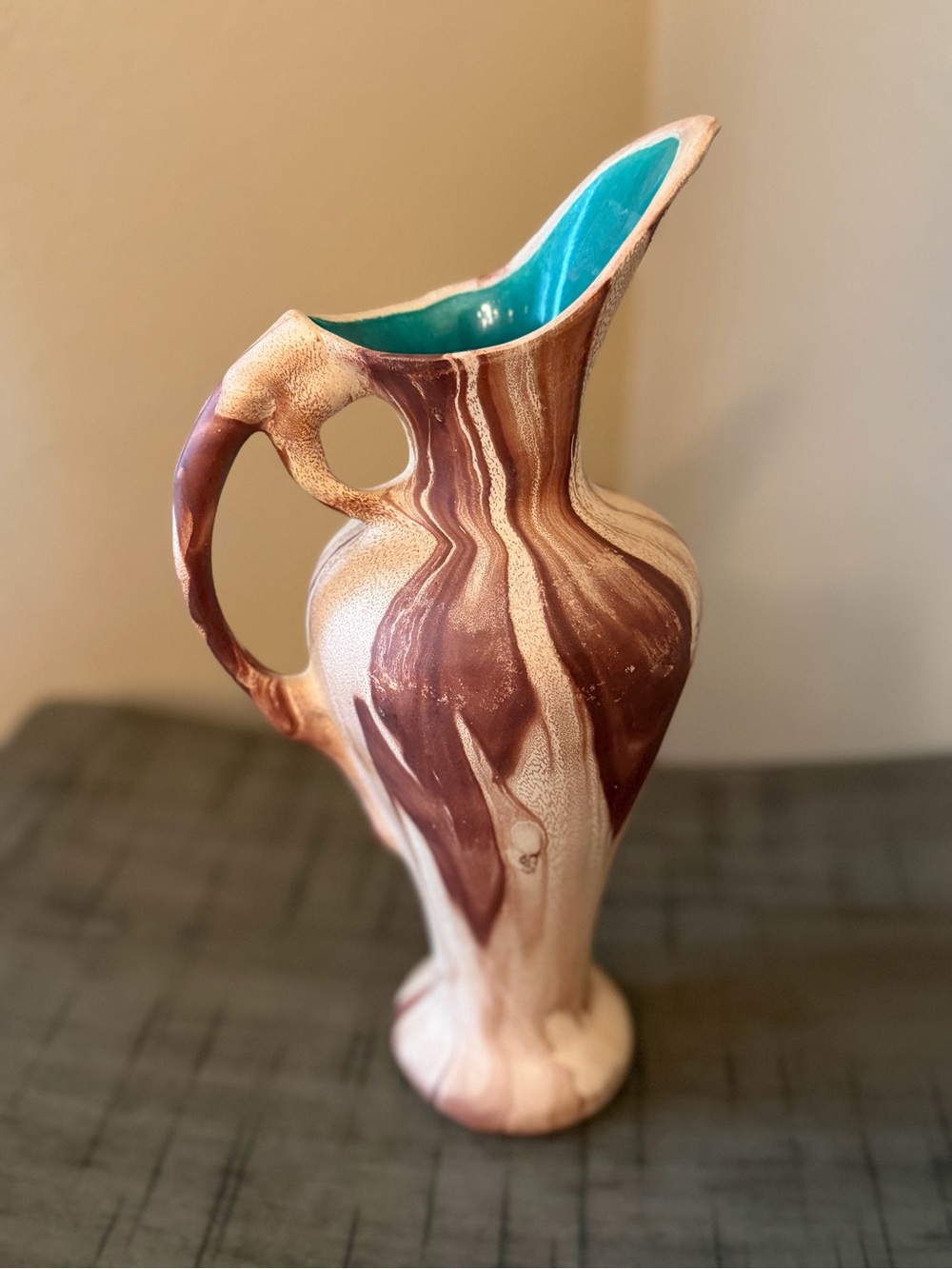 Vintage Frontier Town Pottery Pitcher / Vase – Turquoise Interior
